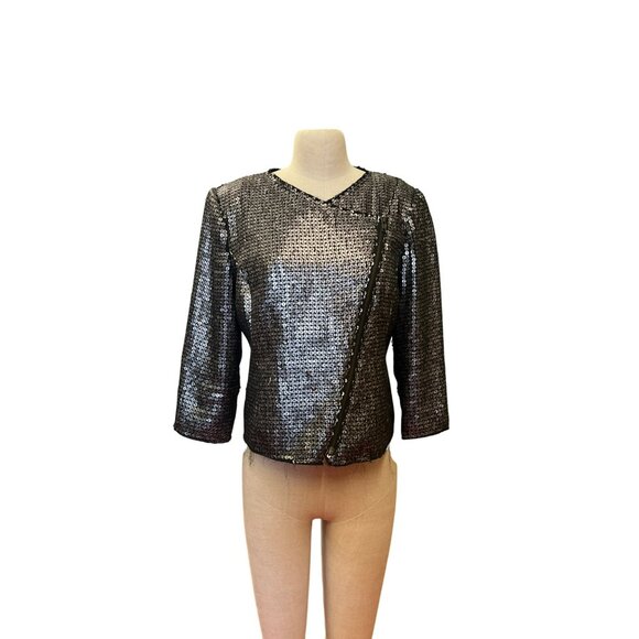 Express Sequin Long Sleeve Jacket Black & Silver Polyester/Spandex M - Picture 2 of 16